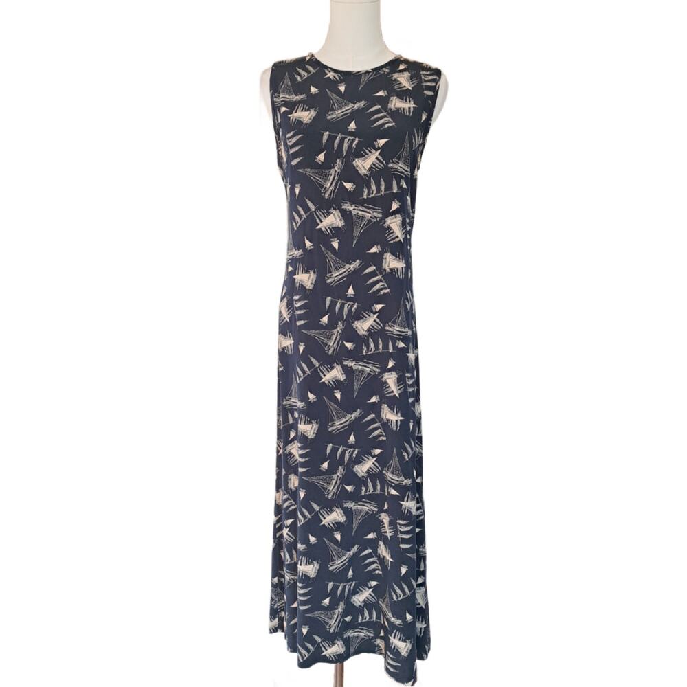 Lauren Ralph Lauren Vintage 100% Silk Nautical Sailboat Maxi Dress Navy Size 10 - Picture 2 of 11